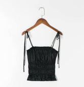 Amoi Français Rétro Élastique Taille Serrant Soie Satin Texture Bretelles Spaghetti Poitrine Wrap Extérieur Débardeur Sangle Cravate